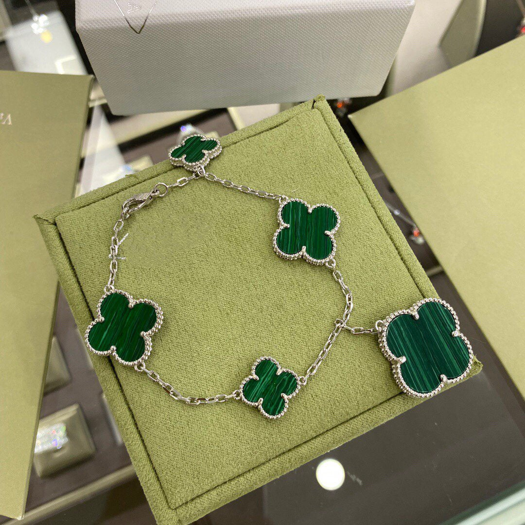 [⭐Lioran]CLOVER 5 MOTIFS SIVLER MALACHITE BRACELET