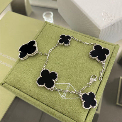 [⭐Lioran]CLOVER 5 MOTIFS SIVLER ONYX BRACELET