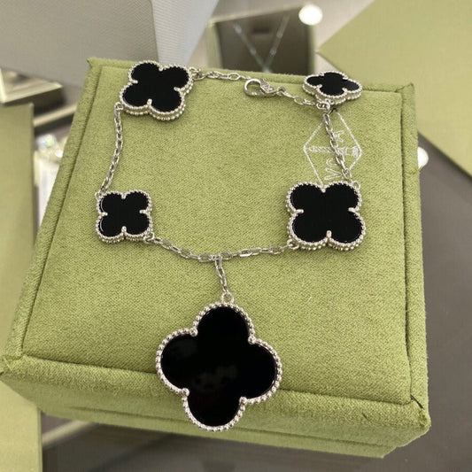 [⭐Lioran]CLOVER 5 MOTIFS SIVLER ONYX BRACELET