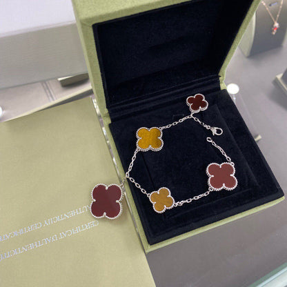 [⭐Lioran]CLOVER 5 MOTIFS SIVLER CARNELIAN TIGER EYE BRACELET
