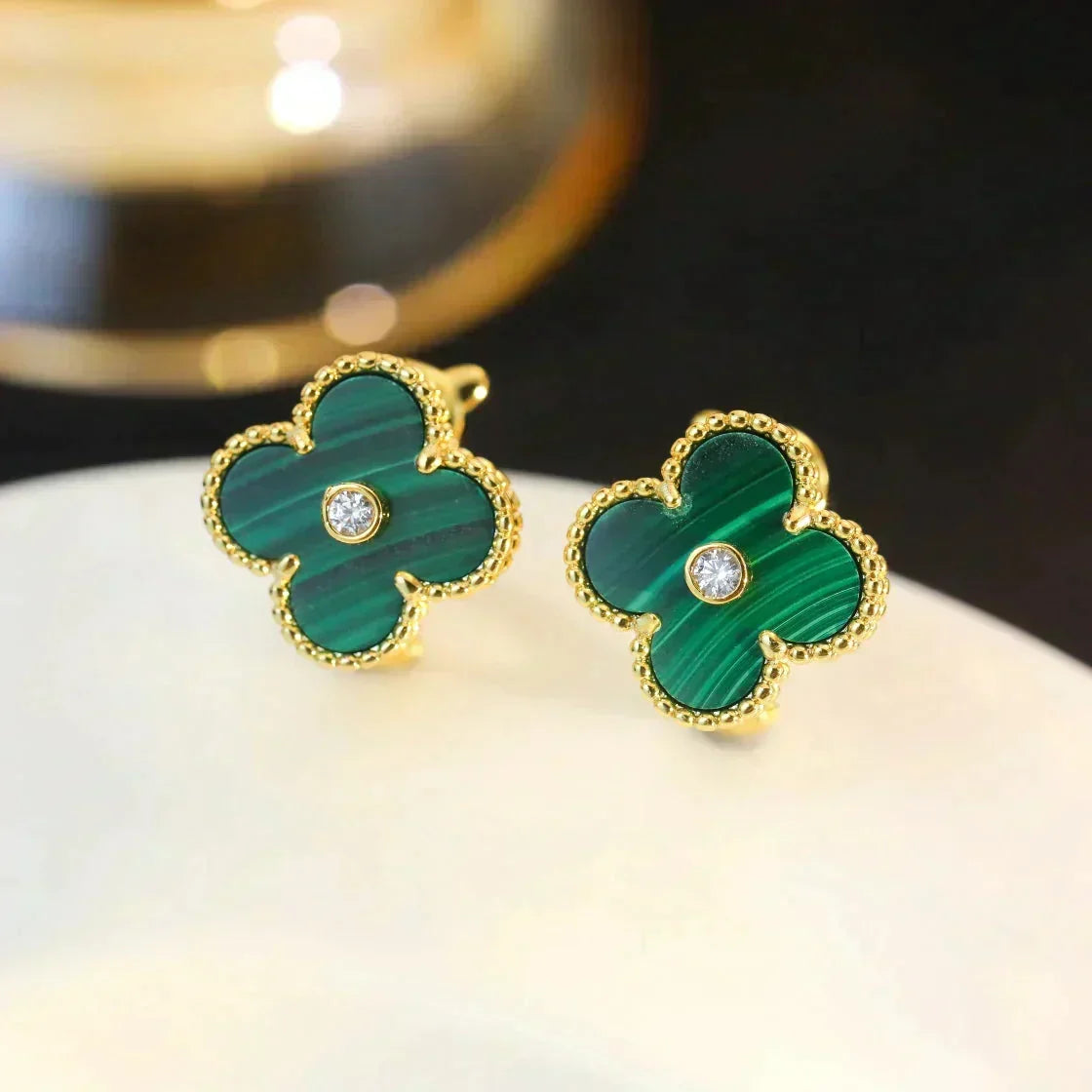 [⭐Lioran]CLOVER MEDIUM 1 MOTIFS MALACHITE DIAMOND EARRINGS