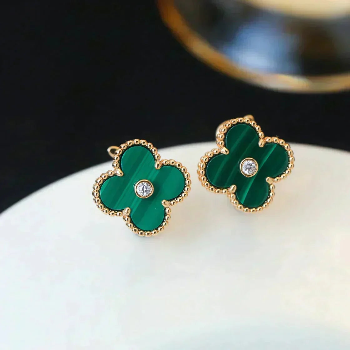 [⭐Lioran]CLOVER MEDIUM 1 MOTIFS MALACHITE DIAMOND EARRINGS