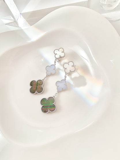 [⭐Lioran]CLOVER 3 MOTIFS CHALCEDONY DARK MOP SILVER EARRINGS