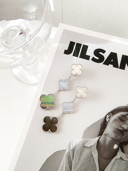 [⭐Lioran]CLOVER 3 MOTIFS CHALCEDONY DARK MOP SILVER EARRINGS