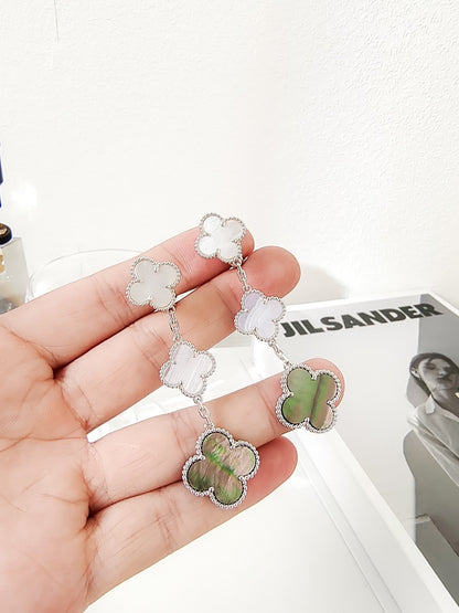 [⭐Lioran]CLOVER 3 MOTIFS CHALCEDONY DARK MOP SILVER EARRINGS