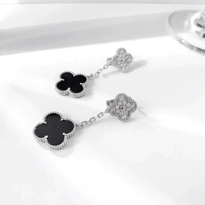 [⭐Lioran]CLOVER 2 MOTIFS  DIAMOND ONYX EARRINGS SILVER