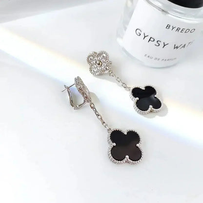 [⭐Lioran]CLOVER 2 MOTIFS  DIAMOND ONYX EARRINGS SILVER