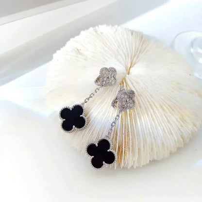 [⭐Lioran]CLOVER 2 MOTIFS  DIAMOND ONYX EARRINGS SILVER