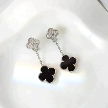 [⭐Lioran]CLOVER 2 MOTIFS  DIAMOND ONYX EARRINGS SILVER