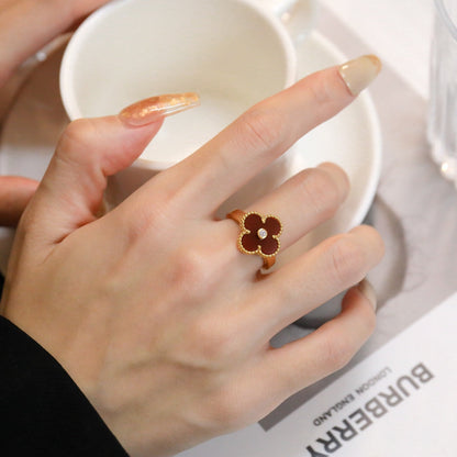 [⭐Lioran]CLOVER CARNELIAN RING ROSE GOLD DIAMOND