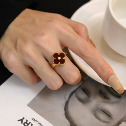 [⭐Lioran]CLOVER CARNELIAN RING ROSE GOLD DIAMOND