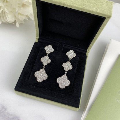 [⭐Lioran]CLOVER 3 MOTIF DIAMOND SILVER DROP EARRINGS