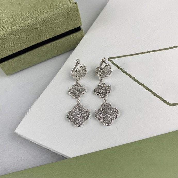 [⭐Lioran]CLOVER 3 MOTIF DIAMOND SILVER DROP EARRINGS