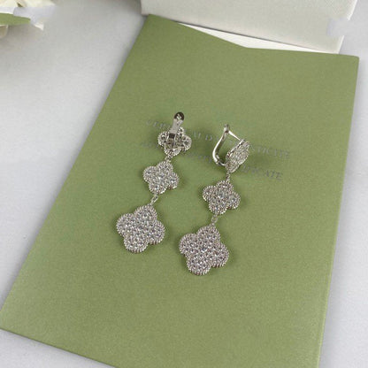 [⭐Lioran]CLOVER 3 MOTIF DIAMOND SILVER DROP EARRINGS