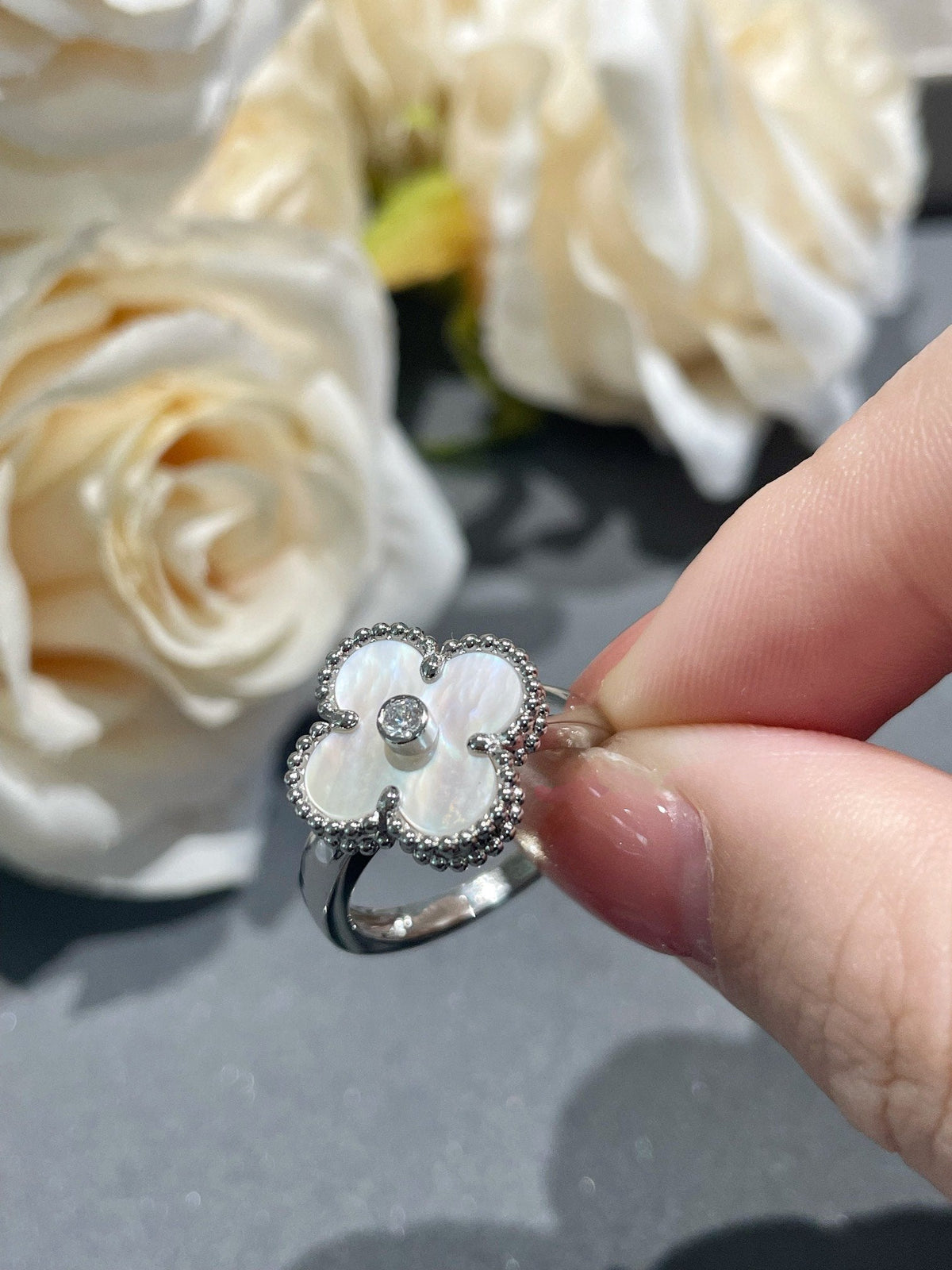 [⭐Lioran]CLOVER SILVER MOP DIAMOND RING