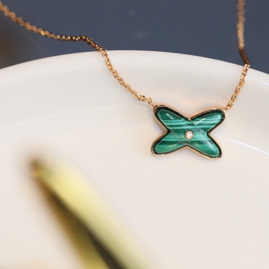 [⭐Lioran]JEUX MALACHITE 1 DIAMOND PINK GOLD NECKLACE