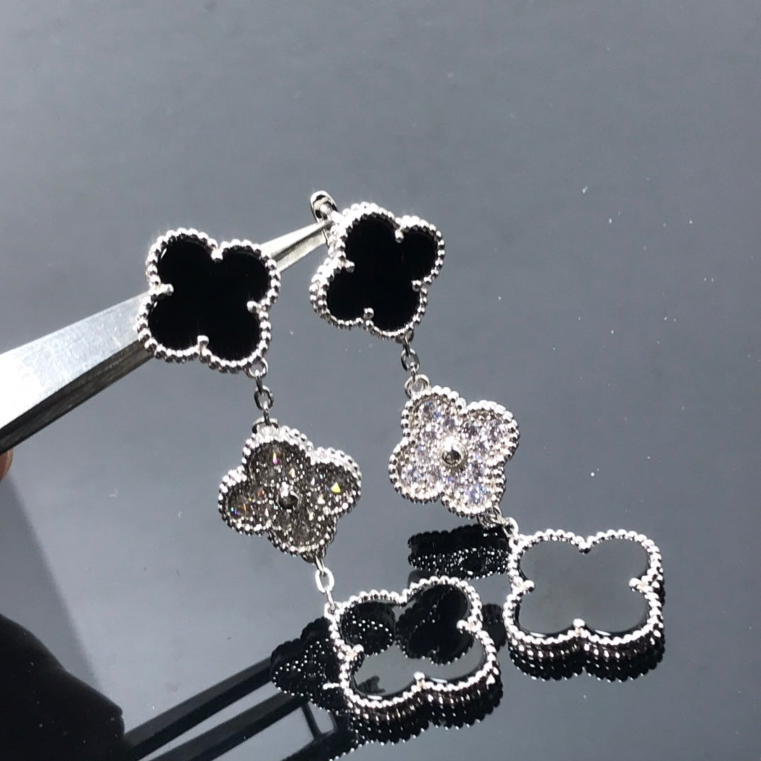 [⭐Lioran]CLOVER 3 MOTIF DIAMOND ONYX SILVER EARRINGS