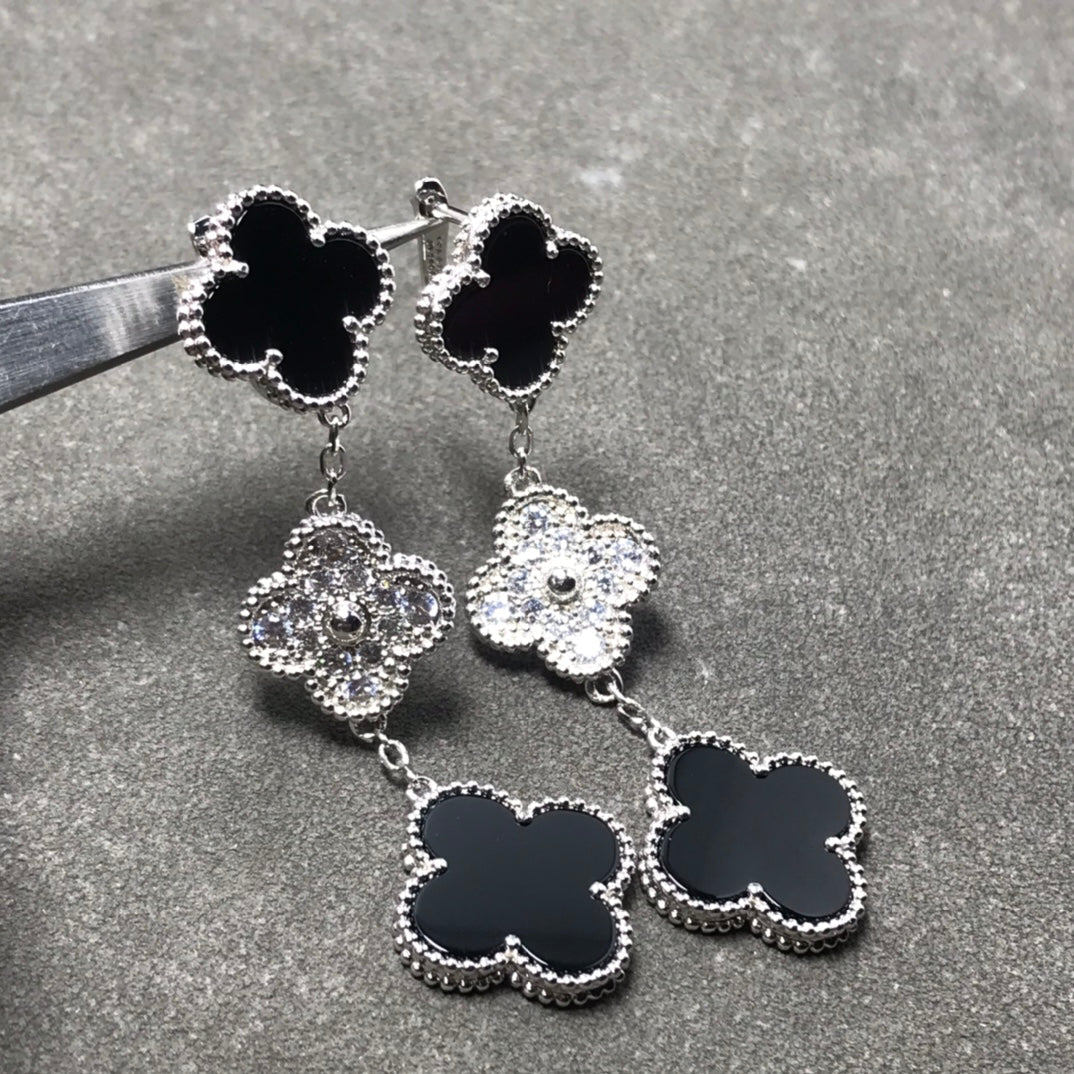 [⭐Lioran]CLOVER 3 MOTIF DIAMOND ONYX SILVER EARRINGS