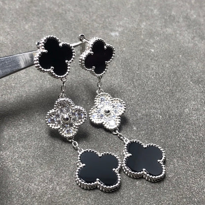 [⭐Lioran]CLOVER 3 MOTIF DIAMOND ONYX SILVER EARRINGS
