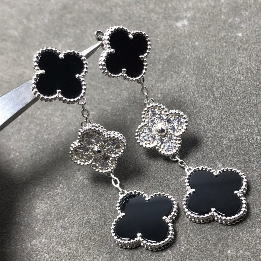 [⭐Lioran]CLOVER 3 MOTIF DIAMOND ONYX SILVER EARRINGS