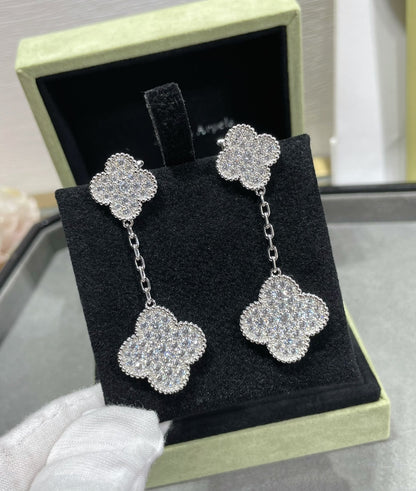 [⭐Lioran]CLOVER 2 MOTIFS DIAMOND PAVED SILVER EARRINGS