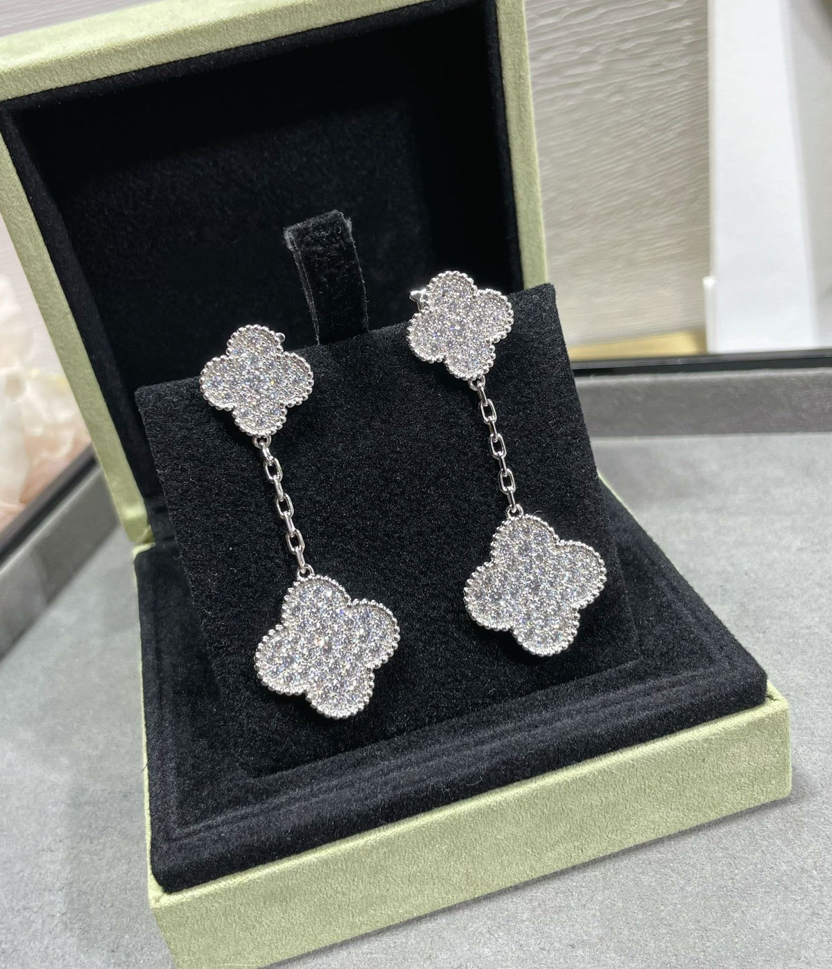 [⭐Lioran]CLOVER 2 MOTIFS DIAMOND PAVED SILVER EARRINGS