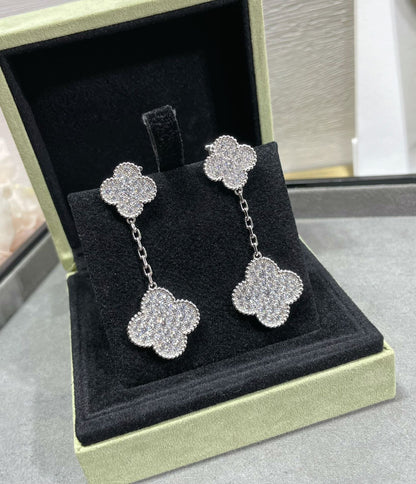 [⭐Lioran]CLOVER 2 MOTIFS DIAMOND PAVED SILVER EARRINGS