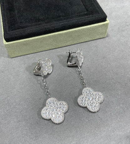 [⭐Lioran]CLOVER 2 MOTIFS DIAMOND PAVED SILVER EARRINGS
