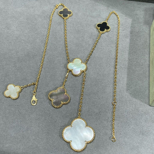 [⭐Lioran]CLOVER 6 MOTIF MOP ONYX GOLD NECKLACE