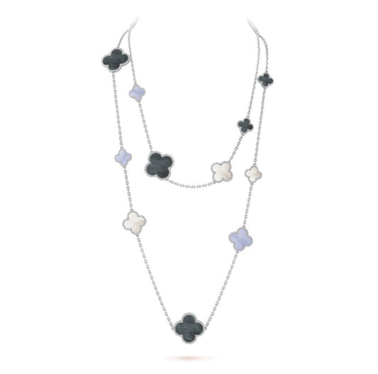 [⭐Lioran]CLOVER 16 MOTIF CHALCEDONY MOP SILVER NECKLACE
