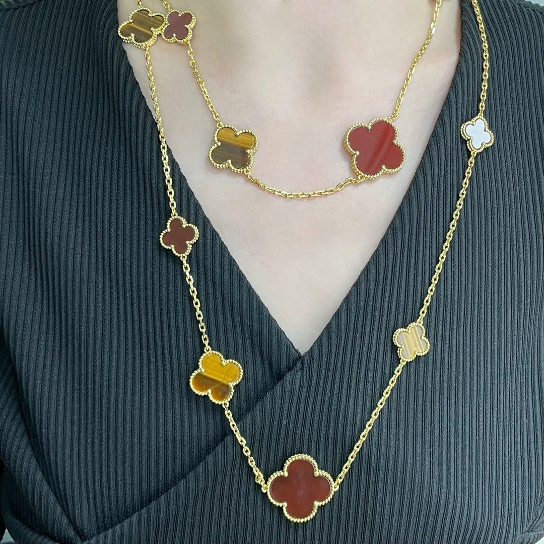 [⭐Lioran]CLOVER 16 MOTIF CARNELIAN TIGER EYE ROSE GOLD NECKLACE