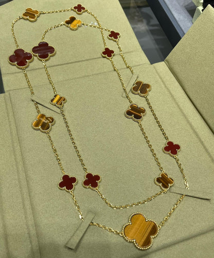[⭐Lioran]CLOVER 16 MOTIF CARNELIAN TIGER EYE ROSE GOLD NECKLACE