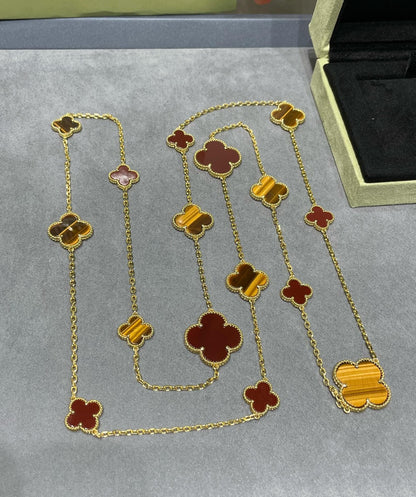 [⭐Lioran]CLOVER 16 MOTIF CARNELIAN TIGER EYE ROSE GOLD NECKLACE