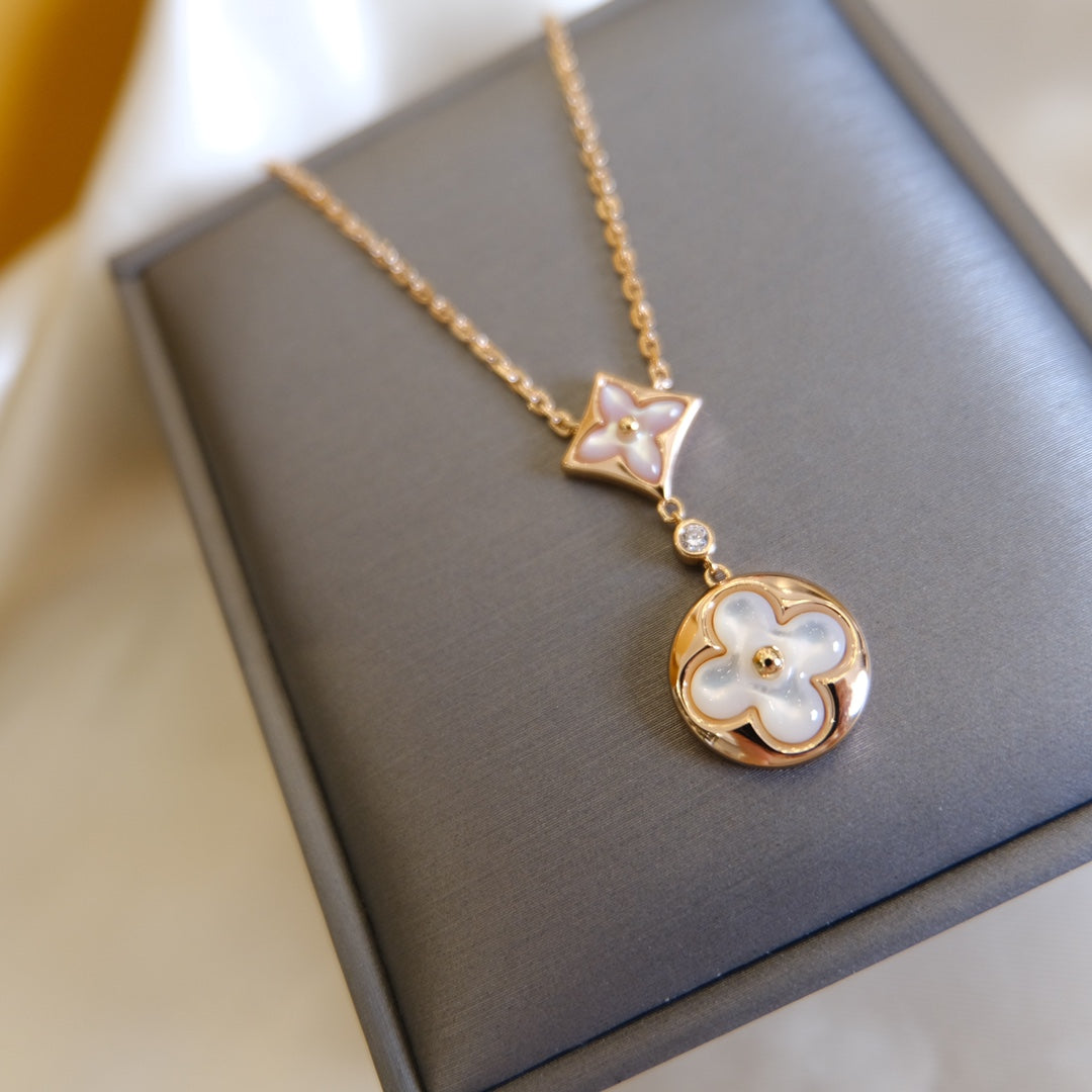 [⭐Lioran]STAR AND SUN WHITE MOP 2 MOTIF PINK GOLD NECKLACE