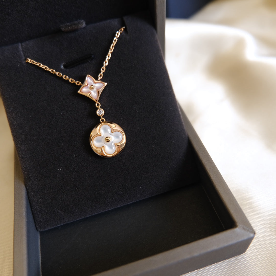 [⭐Lioran]STAR AND SUN WHITE MOP 2 MOTIF PINK GOLD NECKLACE