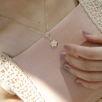 [⭐Lioran]STAR AND SUN WHITE MOP 2 MOTIF PINK GOLD NECKLACE