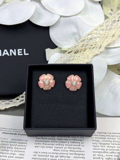 [⭐Lioran]26C Pink Camellia Pearl Enamel Stud Earrings