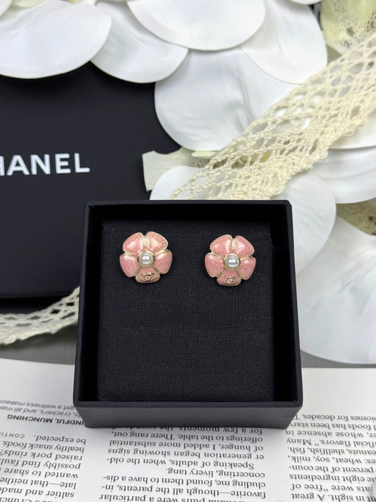 [⭐Lioran]26C Pink Camellia Pearl Enamel Stud Earrings