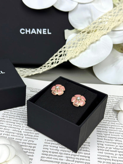 [⭐Lioran]26C Pink Camellia Pearl Enamel Stud Earrings
