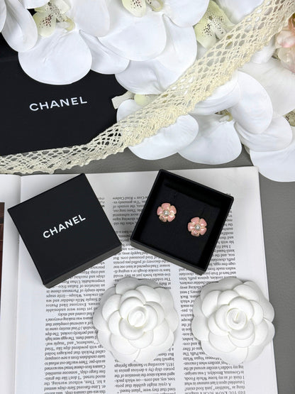 [⭐Lioran]26C Pink Camellia Pearl Enamel Stud Earrings