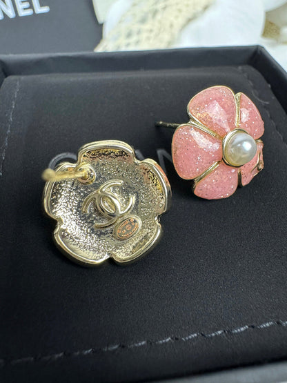 [⭐Lioran]26C Pink Camellia Pearl Enamel Stud Earrings