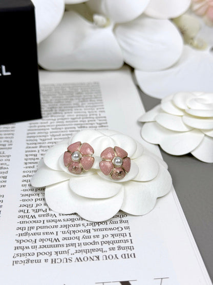 [⭐Lioran]26C Pink Camellia Pearl Enamel Stud Earrings