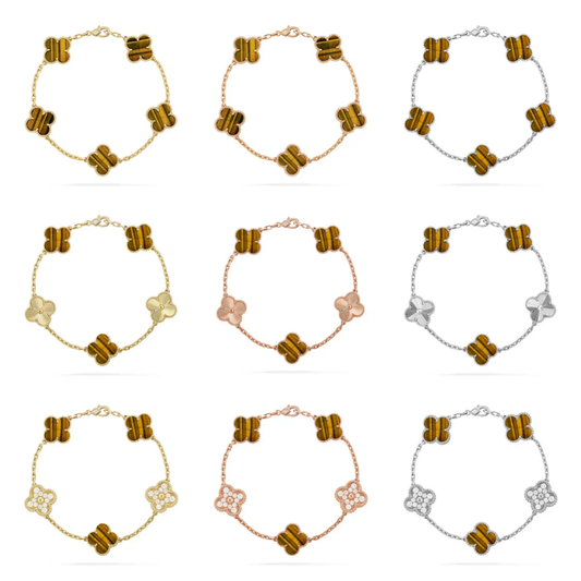 [⭐Lioran] CLOVER 5 MOTIFS TIGER EYE BRACELET COLLECTION