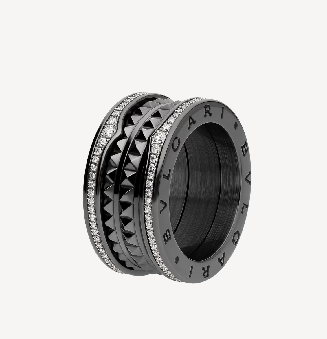 [⭐Lioran]ZERO 1 ROCK FOUR-BAND BLACK CERAMIC WITH STUDDED SPIRAL AND PAVED DIAMONDS RING