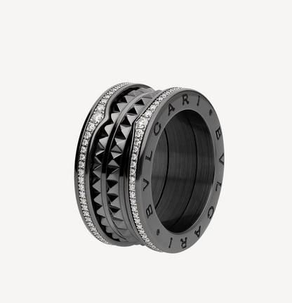 [⭐Lioran]ZERO 1 ROCK FOUR-BAND BLACK CERAMIC WITH STUDDED SPIRAL AND PAVED DIAMONDS RING
