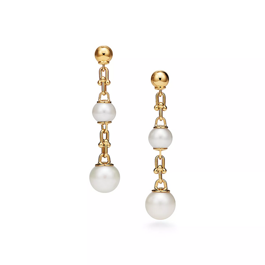 [Lioran]TRIPLE DROP LINK EARRINGS GOLD WITH FRESHWATER PEARLS