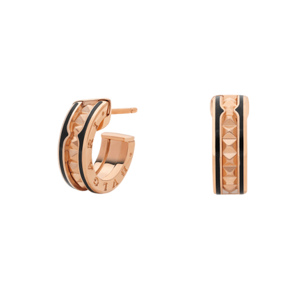 [⭐Lioran]ZERO 1 ROCK PINK GOLD EARRINGS WITH STUDDED SPIRAL AND BLACK CERAMIC
