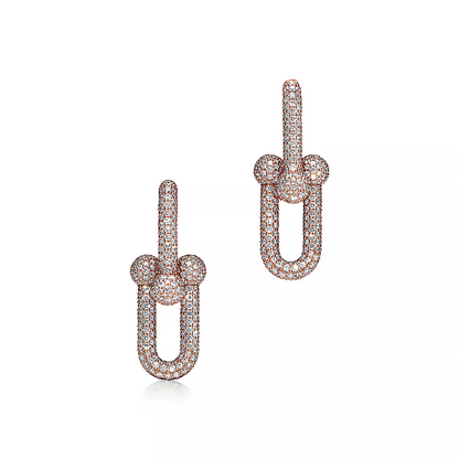 [Lioran]LARGE LINK EARRINGS PINK GOLD WITH PAVED DIAMONDS