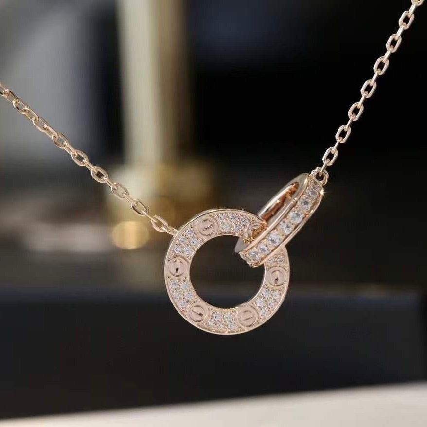 [⭐Lioran]LOVE 7.6MM NECKLACE ROSE GOLD AND SILVER  FULL DIAMOND