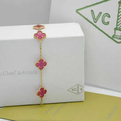 [⭐Lioran]NEW CLOVER 5 MOTIFS PINK ENAMEL BRACELET
